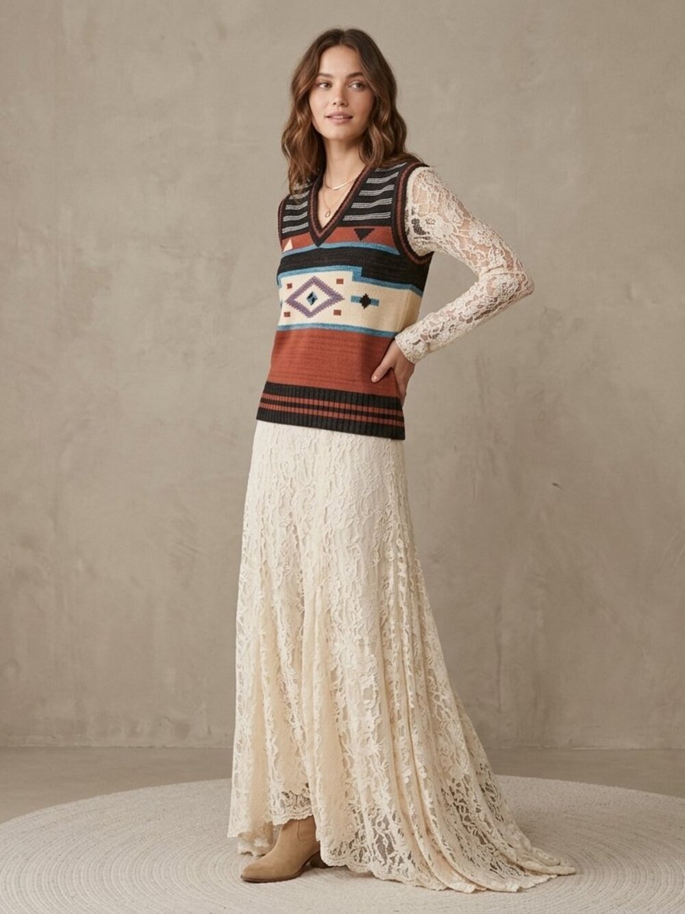 Hand-Loomed 60s Virgin Acrylic Southwest Aztec V-Neck Vest Sweater Rust Brown L